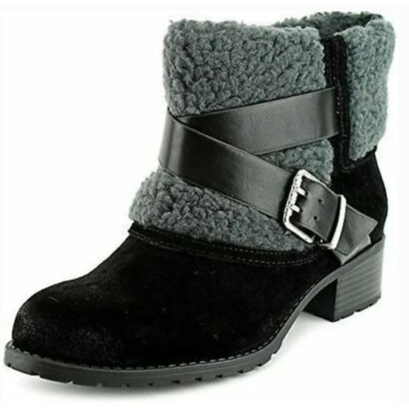 Size 8‎ Charles David Jen Suede Cuffed Grey Shearling Lug Sole Moto Boot Black - Picture 1 of 8